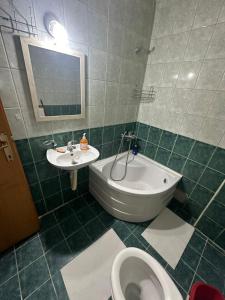 een badkamer met een bad, een toilet en een wastafel bij Apartman Mila in Usje