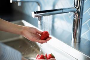 a person is washing strawberries under a sink at Fairfield by Marriott Saga Ureshino Onsen in Ureshino