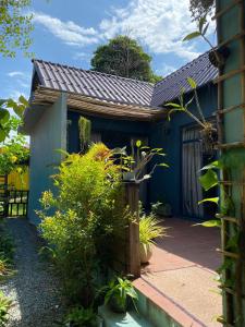 una casa azul con un porche con plantas en House Bok Bowie en Koh Rong Sanloem