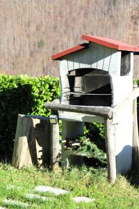 un birdhouse assis dans l'herbe à côté d'une brousse dans l'établissement Cottage Abetone La Capanna in Tuscany, à Abetone