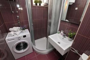 uma casa de banho com uma máquina de lavar roupa e um lavatório em Apartment Adela II em Novalja