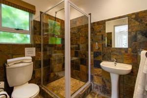a bathroom with a shower and a toilet and a sink at Dunwerkin Self Catering in Kenton on Sea