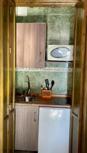 eine kleine Küche mit einer Spüle und einer Mikrowelle in der Unterkunft Apartamentos Balcón de Maro in Maro