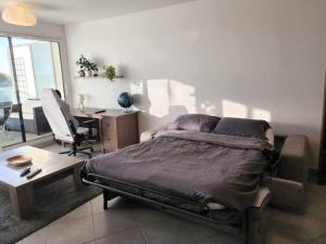 Bel Appartement avec Terrasse et Clim في مونبلييه: غرفة نوم بسرير ومكتب وكرسي