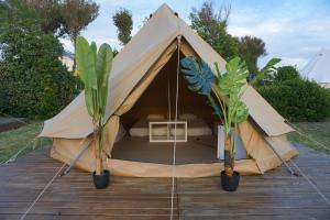 Tienda de campaña con 2 macetas en una terraza de madera en Camping & Glamping Muiñeira, en O Grove