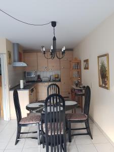 une salle à manger avec une table et des chaises dans une cuisine dans l'établissement ruhige Ferienwohnung in Waldnähe, à Rheinbach