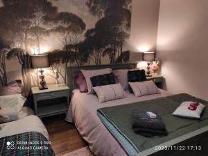 PureLe refuge de babeth的一间卧室设有两张床和两张带台灯的桌子。