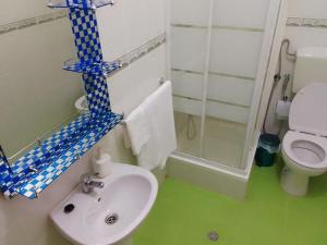 ein Bad mit einem Waschbecken, einer Dusche und einem WC in der Unterkunft Residencial Aeroporto in São Tomé