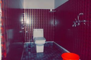 a red bathroom with a toilet and a shower at Salida del Sol Patnem in Patnem