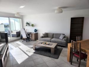 uma sala de estar com um sofá e uma mesa em Bel Appartement avec Terrasse et Clim em Montpellier