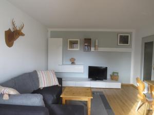 uma sala de estar com um sofá e uma televisão em Ferienwohnung Chiemseestrand em Arlaching