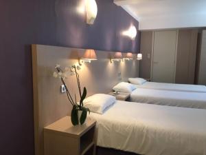 a hotel room with two beds and a vase of flowers at Hôtel Christina Lourdes in Lourdes