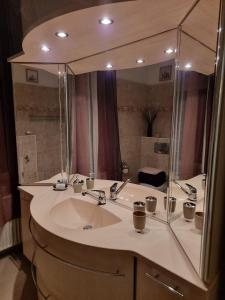 uma casa de banho com um lavatório e um espelho grande em Ferienwohnung zum alten Hotel em Gramzow