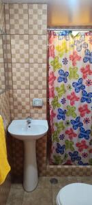 a bathroom with a sink and a shower curtain at Casa particular in Arequipa