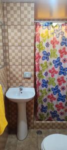 een badkamer met een wastafel en een douchegordijn bij Casa particular in Arequipa