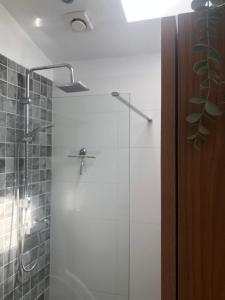 baño con ducha y puerta de cristal en Rekerlanden 211, en Warmenhuizen
