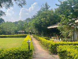 einen Gehweg in einem Park mit Parkuhr in der Unterkunft Sariska Tiger Heaven in Akbarpur