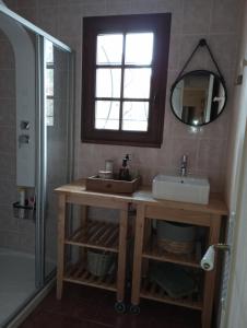 a bathroom with a sink and a mirror and a shower at Le logis de Thaïs in Henrichemont