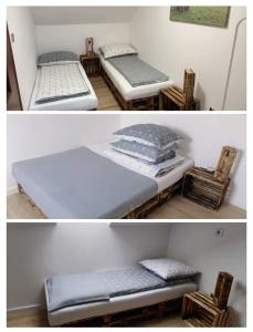 two pictures of two beds in a room at Domki przy Skarpie in Lądek-Zdrój