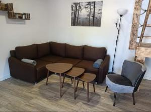 ein Wohnzimmer mit einem Sofa, einem Tisch und Stühlen in der Unterkunft Domki przy Skarpie in Lądek-Zdrój