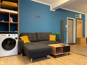 a living room with a couch and a washing machine at 1320 Apartments in Sibiu
