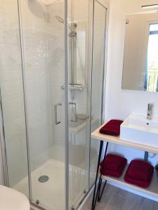 a bathroom with a shower and a sink at La Belle Consigne - Appartements Dinan Centre Gare in Dinan