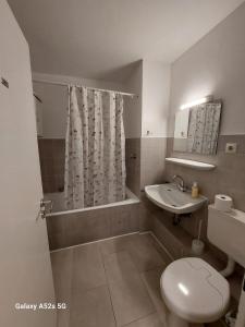 y baño con aseo, lavabo y ducha. en Appartement am Uni Park Köln Sülz, en Colonia