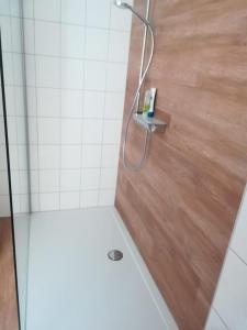a shower in a bathroom with a wooden floor at Meerblickvilla Prinz Heinrich - Ferienwohnung 4 in Sassnitz