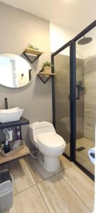 uma casa de banho com um WC, um lavatório e um chuveiro em MINI LOFT MODERNO Y ACOGEDOR em Salento