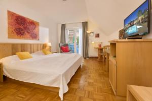 a hotel room with a bed and a flat screen tv at Hotel-Bio Gasthaus Am Felsenkeller in Staufen im Breisgau