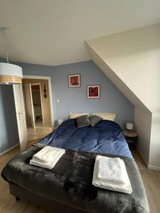 Un dormitorio con una gran cama azul en un ático en Le nid des Pruniers - F2 au calme - parking privé, en Sélestat