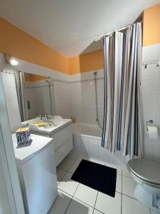 y baño con lavabo, aseo y ducha. en Le nid des Pruniers - F2 au calme - parking privé, en Sélestat