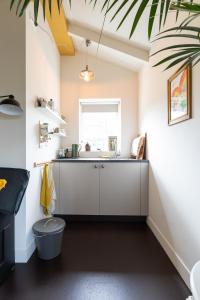a kitchen with a sink and a toilet in a room at Boutique Hotel Jongwijs Westzaan in Westzaan