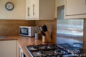 a kitchen counter with a stove and a microwave at Surrey Lodge in Richmond