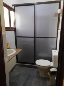 La salle de bains est pourvue de toilettes et d'un lavabo. dans l'établissement Cabañita Villa Bella Tarija, à Tarija