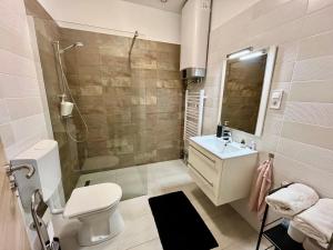 La salle de bains est pourvue d'une douche, de toilettes et d'un lavabo. dans l'établissement Vörösmarty apartmanház, à Makó