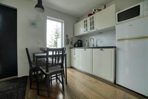 cocina con mesa, sillas y nevera en Giljagisting en Grafarkirkja