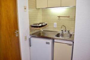 een keuken met een spoelbak en een aanrechtblad bij Atenas para 2 personas in Las Lenas