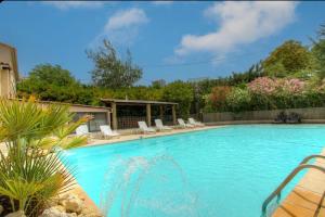 a large swimming pool with lounge chairs and trees at Gîtes et Astrotourisme en Corse in Erbajolo