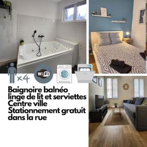 un collage de tres fotos de una habitación con bañera en Détente en centre-ville, en Rouen