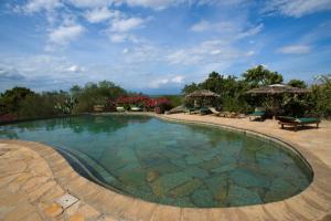 a large swimming pool in a yard with benches and umbrellas at Kia Lodge in Arusha