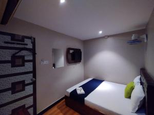 a small room with a bed and a tv at Hotel Aspen - Near International Airport in Mumbai