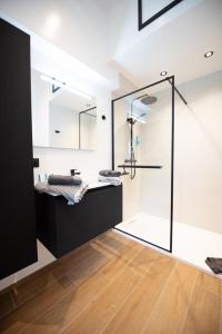 een badkamer met een glazen douche en een wastafel bij Gîte : Le Petit Appentis in Profondeville