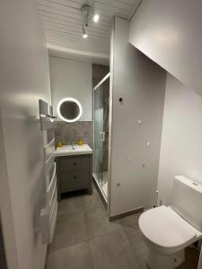 La salle de bains est pourvue de toilettes et d'un lavabo. dans l'établissement Le pigeonier, à Aix-les-Bains