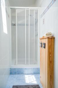 eine Dusche mit Glastür im Bad in der Unterkunft Zunerhof Studio Fenn in Lengstein