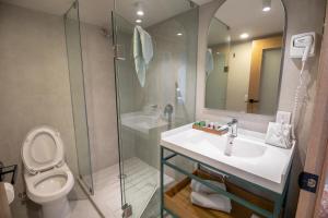 y baño con aseo, lavabo y ducha. en Oliva plaza hotel, en Guadalajara