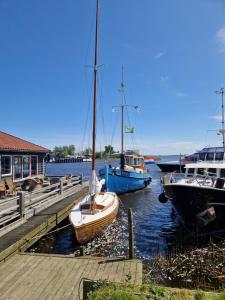 two boats are docked at a dock in the water at Boothuis Lauwersoog in Lauwersoog