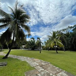 un parque con palmeras y un camino de piedra en ARAGUAIA HOTEL, en Barra do Garças