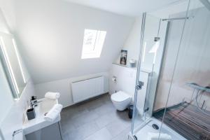 a bathroom with a toilet and a glass shower at Hökis-Zimmervermietung 8 mit Küchenzeile in Brande-Hörnerkirchen
