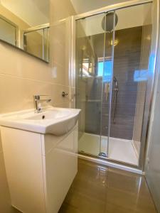 W łazience znajduje się umywalka i prysznic. w obiekcie Apartments Malvina w Rovinj